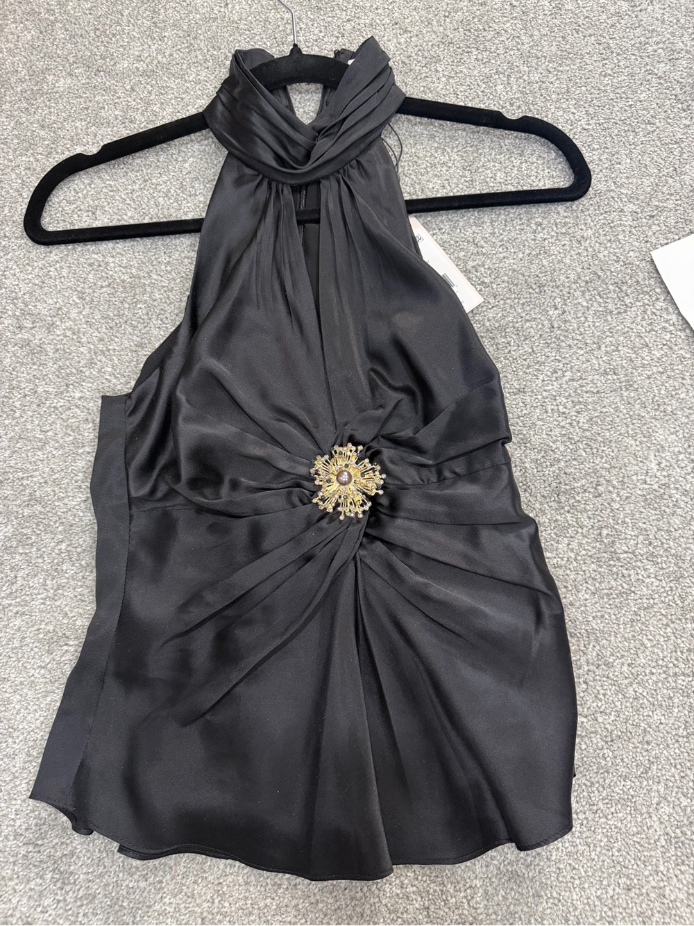 cinq a sept Black One-Shoulder Halter Dress with Gold Brooch